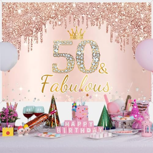 50e verjaardag Decoratie voor vrouwen, 50 & Fabulous Glitter Rose Gold Stof Teken poster verjaardag feest decoratie, 50e verjaardag achtergrond Banner vrouw