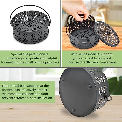 Mosquito Coil Holder, Citronella Spiral Coil Incense Burner met deksel handvat Classic metalen Incense Stick Holder voor Home Garden Indoor Outdoor, met schoonmaakborstel (zwart) 4