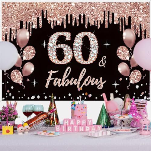60e verjaardag decoratie voor vrouwen, 60e verjaardag decoratie zwart en roos goud glitter vlekken stof teken poster 60e verjaardag achtergrond banner vrouw 60e verjaardag feest decoratie