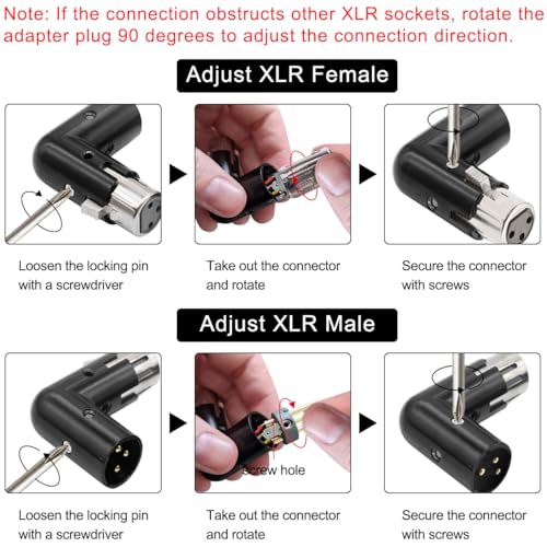 XLR Hoekadapter 3 Pin Dual Man en Vrouwelijke Connector 90 graden verstelbaar 4 verschillende Hoeken Rechts-links Socket voor Mixer Microfoon Audio-apparatuur, 2 stuks 5