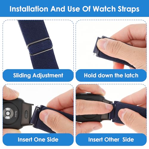 3 st Elastische Smartwatch Band Compatibel met 20mm Horlogeband, Vervangende Polsband Verstelbare Elastische Nylon Solo Loop Band Stof Gevlochten Sport Stretch Bands voor mannen en 4