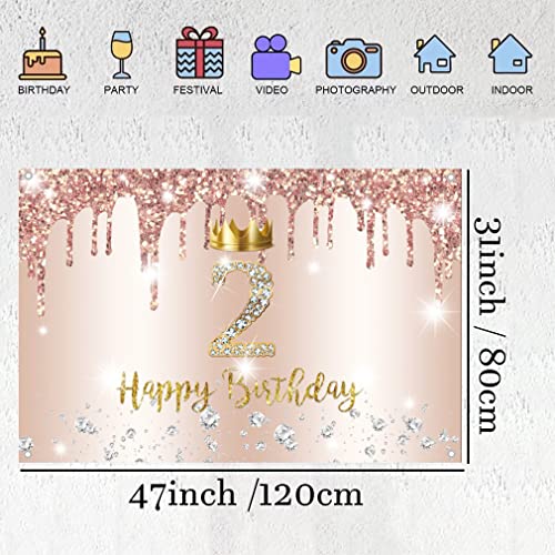 2e verjaardag meisje decoratie, tweede verjaardag Banner Rose Gold, gelukkig 2 verjaardag stof sign poster, 2e verjaardag achtergrond Banner meisje verjaardag partij decoratie met kroon element