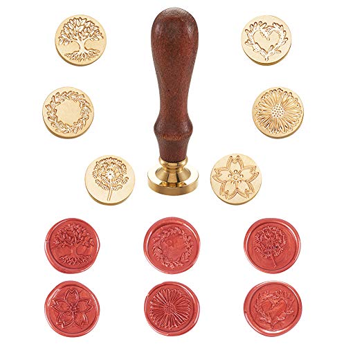 Waszegelstempelset, 6 stuks Retro koperen kop & 1 houten handvat & 1 wassmeltende lepel voor enveloppen, uitnodigingen, bruiloft, decoratie, geschenk, decoratie