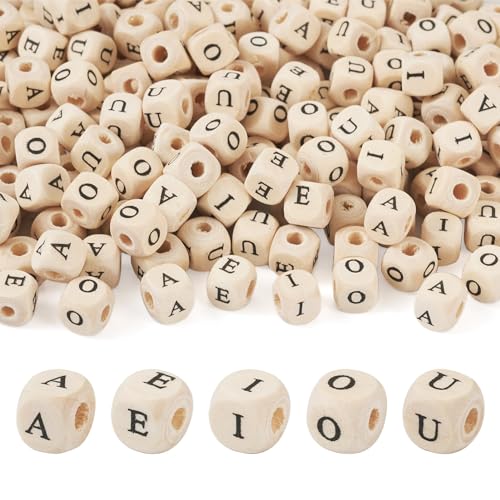 250 st Houten Letter Kralen 8mm Kubus A-E-I-O-U Houten Alfabet Spacer Kralen Horizontale Hole Houten Kralen Gedrukte Natuurlijke Houten Kralen voor DIY Sieraden maken antieke