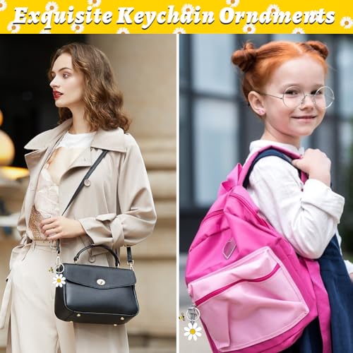 Zwelkleur Grappige sleutelhangers, 2 stukken Schattige madeliefjes voor meisjes, metalen sleutelhanger, Charm Bloemen voor zaksleutels, Cadeau voor vrouwen en meisjes, Bloemenliefhebbers, Wit 5