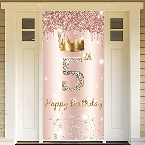 5e verjaardag meisje decoratie, gelukkig 5 verjaardag Rose Gold Deur Banner, 5e verjaardag stof teken poster deur decoratie Banner, 5e verjaardag achtergrond Banner verjaardag partij decoratie