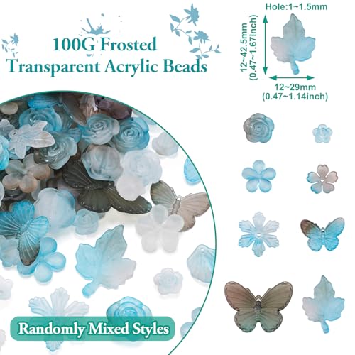 100G Frosted Acryl Kralen Vlinder Blad Bloemen Spacer Kralen Transparante Diverse Acryl Sieraden Kralen Bulk voor Ambachten Levering DIY Armband Sieraden Maken, Bleek Turquoise 4
