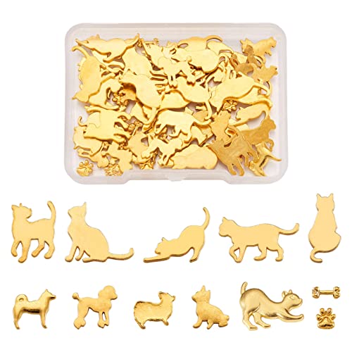 60 stuks Kat Honden Dieren Thema, Gold Hars Fillers, 12 Styles, Legering Bochons, Platte rug, Epoxy Hars Supplies voor UV-hars Fillers, sieraden maken en ambachten