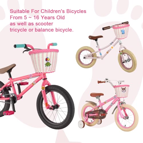 Fietsmand voor kinderen en meisjes Front - Afneembare, gevlochten van Rattan met lederen riemen, Streamers, Fietsbel en Sticker 5