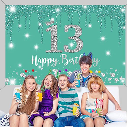13e verjaardag meisje decoratie,13e verjaardag Banner,13e verjaardag Verjaardag Stof Tekenposter,13e verjaardag Achtergrond Banner Verjaardag Party Decoratie Cake Tafel Banner Accessoires,Turquoise 5