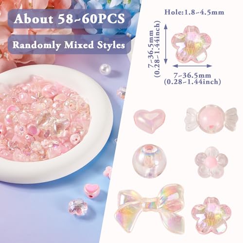58 Stuks Diverse Acryl kralen Roze hart Bow Bloem lose kralen leuke ronde ambachtelijke kralen Bulk voor kralen Pen Lanyard sleutelhanger sieraden maken 3