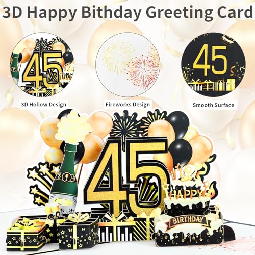 Verjaardagskaart voor 45e pop-up wenskaarten, 3D-pop-upkaart, verjaardagskaarten met envelop voor vrouwen, moeders, meisjes, mannen, vrienden, romantische geschenkkaart 4