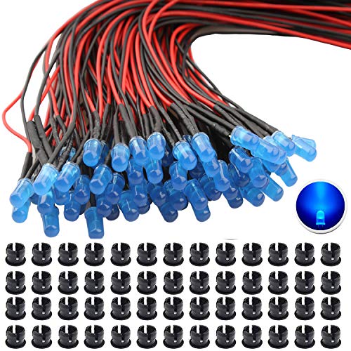 65st blauw DC 12V voorbedraad licht, 5mm LEDs met 20cm kabel, voorbedrade LED diodes licht, 12V LED blauw + 65st 5mm kunststof LED montagering