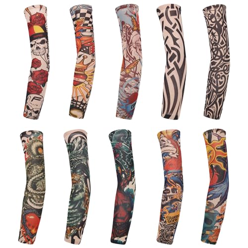 10 st Arm Tattoo Mouwen, Art Arm Fake Tattoo Mouwen Cover Tattoos Mouwen Slip On Unisex 39cm Zonnescherm Mouwen Valse Tijdelijke Tattoo Mouwen voor Halloween Basketbal Biker Party, Multicolour