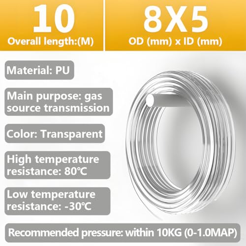 Luchtcompressorslang, Polyurethaan Pneumatische slang OD 8mm x ID 5mm met Blue Pipe Cutter, Transparante PU slang Gebruikt voor Gas Bron Transmissie (10M)