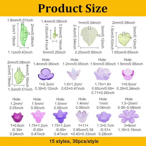 450Stuks 15 Styles Acryl Assorted Kralen Kit, Transparante bloemenbladkralen Maple Leaf Lily Rose DIY Craft Supplies voor Keychain armband ketting sieraden