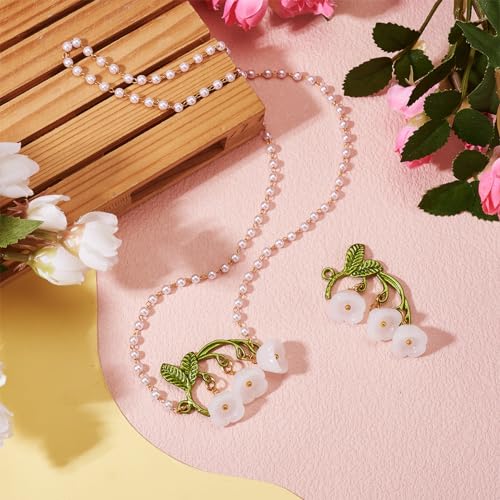 10 st. Lily van de vallei glazen connector charmes met groen legering blad wit bloem bengelen charms klokken bloem voor DIY ketting oorbellen sieraden maken, Glas, Glas