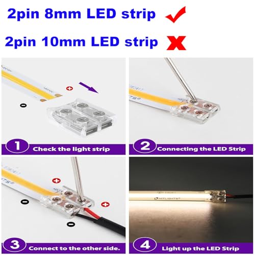 Pak van 10 LED Strip Connectors, 2-pins, 8 mm Transparant, met 16,4 ft 22 AWG Kabel, Schroef Terminal Blok, 2-Pole, 8 mm Connector met Schroevendraaier voor Plain 12 V en 24 V LED Strips 5