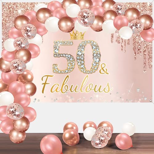 50e verjaardag Decoratie voor vrouwen, 50 & Fabulous Glitter Rose Gold Stof Teken poster verjaardag feest decoratie, 50e verjaardag achtergrond Banner vrouw 3