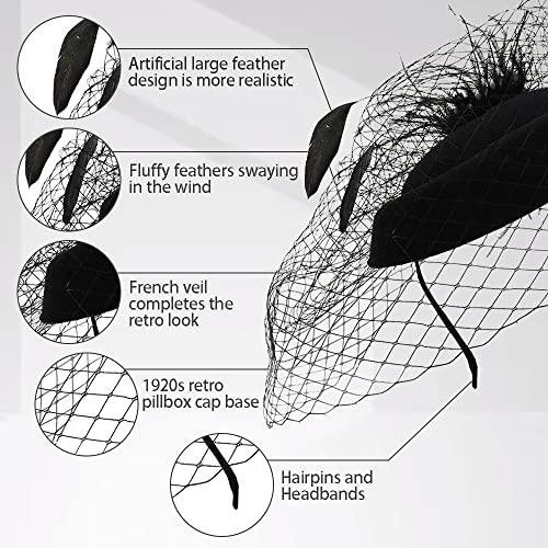 Fascinator hoed Vintage Veil Hat 50s bruiloft hoed pil Box Hoeden Veren Mesh gezicht Veil Hat Tea Party Headwear bruiloft Fascinator voor meisjes vrouwen, zwart 4