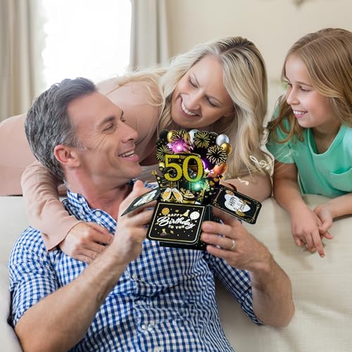 50 verjaardagskaarten met muziek - 50e verjaardag pop-up kaart met licht en interactieve kaarsen, verjaardagscadeau voor vrouwen en mannen, 3D wenskaart verjaardagscadeau 5