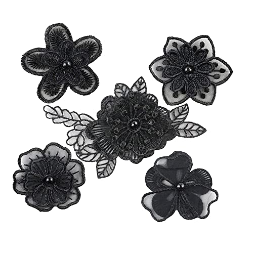 10 stuks Kant Organza Borduren Zwarte Parels Bloemen Appliqué Patches Appliqué Patches voor naaien, geborduurde ambachten en decoreren op kleding, gordijn, tafelkleed, tassen, sjaal