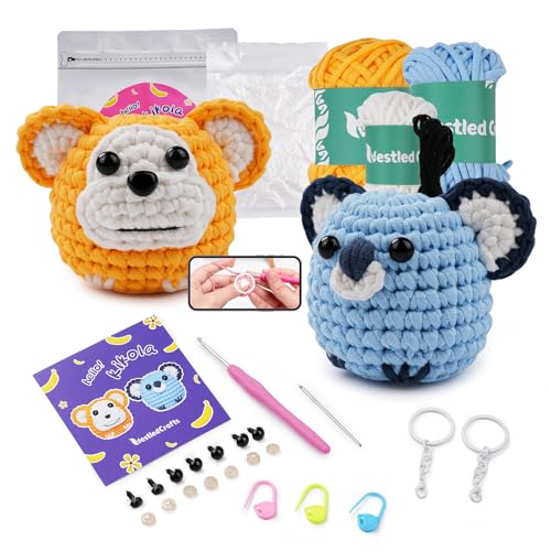 NesteldCrafts haak Set, Complete haak Set voor beginners en volwassenen, Breiset, Zachte garen, IJs Stripe lijn, Gift voor verjaardag, Stap-voor-stap Video-instructies (aap, Koala)