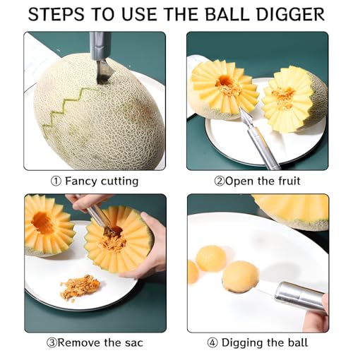 Ball Cutter Set, 2 stuks Ball Cutters en snijgereedschappen, Roestvrij stalen meloenlepeltjes, Meloensnijders voor diverse vruchten, Zaadverwijderaar, Roestvrij staal, Keukengereedschappen 4