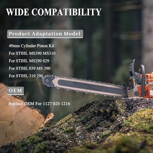 Cilinder en Piston Kit, 49mm Cilinder Kit voor Stihl MS390 039 MS310 MS290 029 MS 390 310 290 Kettingzagen OEM vervanging voor 1127 020 1216 met Pin/Ring/Lock set 3