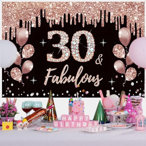 30e verjaardag decoratie voor vrouwen, 30e verjaardag decoratie zwart en roos goud glitter vlekken stof schild poster, 30e verjaardag achtergrond banner vrouw 30e verjaardag feest decoratie