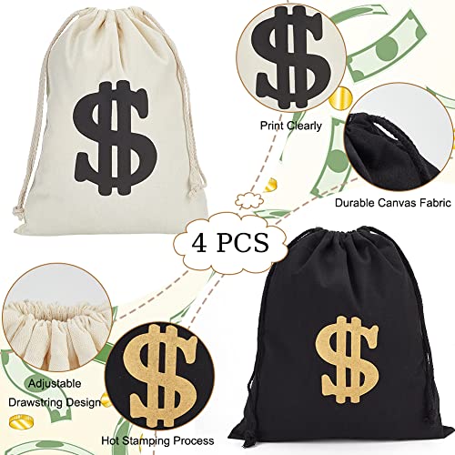 4 stuks 2 maten Canvas Large Money Bag, 2 Kleuren Dollar Teken Money Bag Canvas Drawstring Bag Canvas Coin Bag Kleding Pouch met koord Sluiting voor sieraden Cosplay Thema Halloween Party gunsten 4