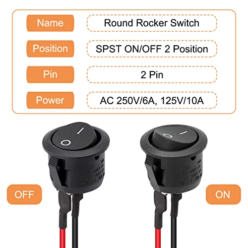 Schakelschakelaar, 10 st Aan/uit schakelaar SPST 2 Pin Locking Schakelschakelaar Ronde Zwarte Knop met voorbedraad 6A 250V 10A/125V AC voor Car Boat House