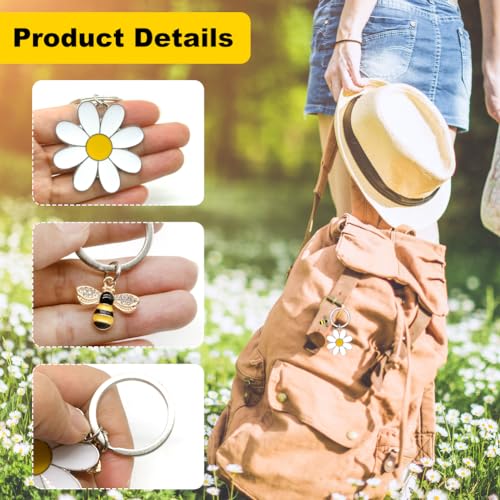 Zwelkleur Grappige sleutelhangers, 2 stukken Schattige madeliefjes voor meisjes, metalen sleutelhanger, Charm Bloemen voor zaksleutels, Cadeau voor vrouwen en meisjes, Bloemenliefhebbers, Wit 4