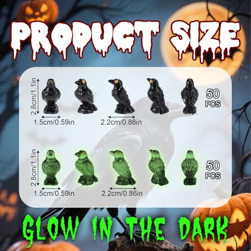100 st. Mini Resin Crow Figuren, Glow in the Dark Halloween Figuren Black Raven Figurines Small Resin Animal voor binnen Halloween Scene Decoratie