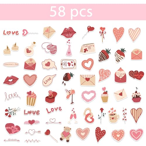 58 Stuks Heart Shaped Love Stickers, Waterproof Vinyl Stickers voor Valentijnsdag, Bruiloft, Bagage, Laptop, Cadeaubrief, Decoraties, Stickers