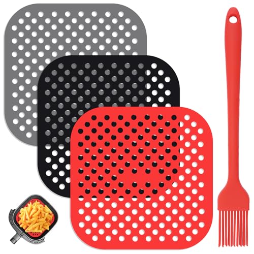 3 stuks Siliconen Air Fryer Pads, Air Fryer Liners Vierkante Siliconen Matten voor Air Fryer, Niet-Stick Coating Herbruikbare Siliconen Air Fryer Accessoires met Penselen voor Keuken