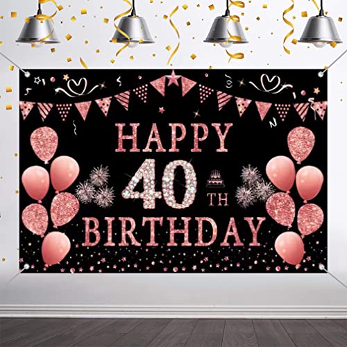 Happy 40th Verjaardagsfeest decoratie achtergrond Banner voor vrouw Gelukkig 40 jaar oude stof Tekenposter, Glitter Rose Fotografie Achtergrond 40e verjaardagstabel Decoratie, 150cmx90cm