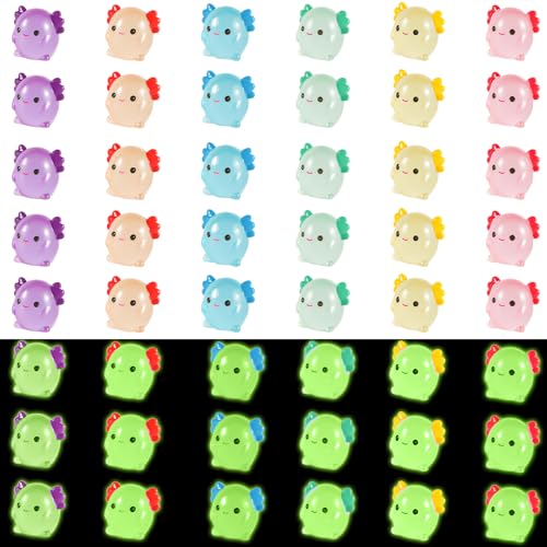 48st Mini Resin Axolotl Miniatuur Figurine, Glow in The Dark Tiny Animal Cijfers Kleine Lichtgevende Charme Ornament voor DIY Craft Garden Landscape Dollhouse Cake Party Decoratie (6 kleuren)
