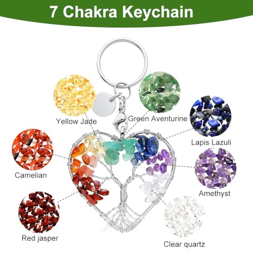 Originele Boom van het Leven Sleutelhanger Prachtige Hart 7 Chakra Heal Crystal Boom van het leven Keychain vrouwen mannen chic sieraden hanger sleutelhanger geluk voor paren en vrienden met kaart, transparant 3