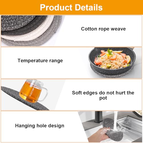 4 stuks onderzetters Diameter 18cm Rond Gevlochten onderzetters, Heat Resistant Coaster Set, Gevlochten Hot Pads Non Slip Coaster van Katoen Placemats voor Keuken, Potten, Pannen en Platen 3