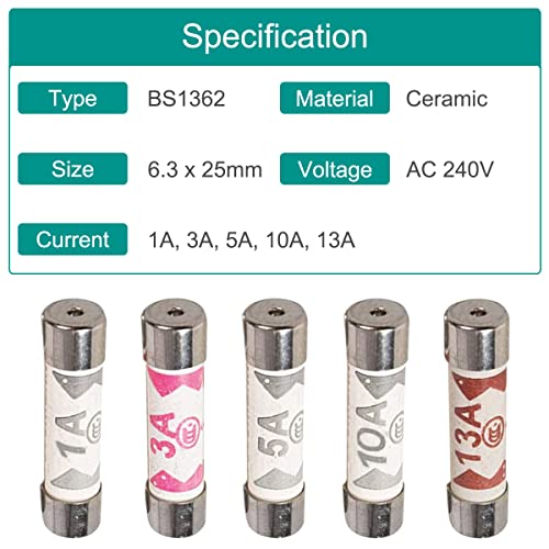 100PCS BS1362 Fuse 3A 5A 10A 13A 1A amp 240V vol Ceramic Tube Fuses Mixed Household Plug UK Assortiment Kit 6.3x25mm 6.8x0.984 Inch, 4 Values Fuses
