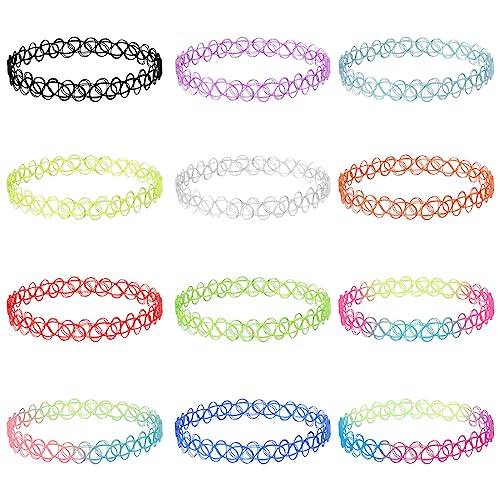 12Stuks Tattoo Ketting Choker, Kleurrijke Tattoo Kettingen Set Cute Flower Kettingen 90s Style Rainbow Elastische Choker Ketting voor Vrouwen Meisjes, 1.3mm pvc