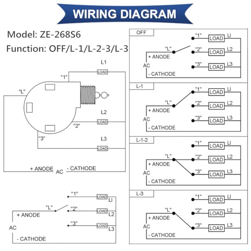Verpakking van 6 Ventilator Pull-Chain Switch Plafond Ventilator Switch 3 Speed 4 Wire AC 3A 250V 6A 125V voor Zing-Ear ZE-268S6 Vervangend plafondventilatorlicht 4