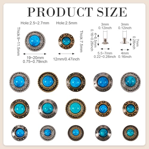 16 Sets Schroef Rivets Lederen Rivets Platte Ronde Knoppen Faux Turquoise Decoratieve Rivets Studs voor Purse handtas Schoenen Lederen Craft Kleding Belt