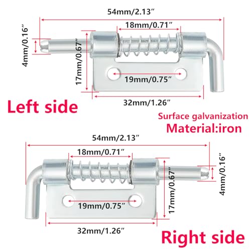 2 stuks veerlaste grendelpennen, poortboutset, 54 mm (2,1 inch) lengteveerdelingsmechanisme voor tuinen armen, schuren en werken, (1 links + 1 rechtsveerdelingsset)