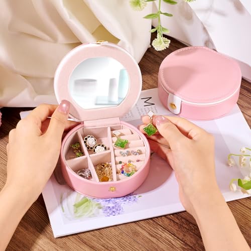 Draagbare sieraden doos met spiegel Ronde Mini lederen reis sieraden dozen ringen oorbellen geval kleine sieraden Circular Lock Organizer voor vrouw sieraden, roze 5