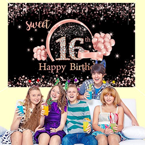 Sweet 16th Birthday Decoration - Banner Black and Rose Gold, Fabric Sign, Poster, schattige achtergrond voor meisje 4