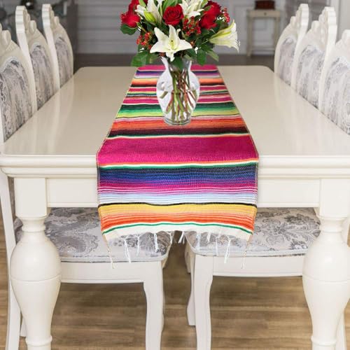 Zee Mexicaanse zijde sjaal Tafelkleed 14 X 84 Inch Mexicaanse partij bruiloft decoratie picknick tafel buiten, tassels katoen handgeweven tafelkleed 4