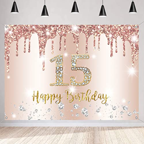 15e verjaardag meisje decoratie Banner Rose Gold stof sign poster, 15e verjaardag achtergrond Banner meisje verjaardag partij decoratie
