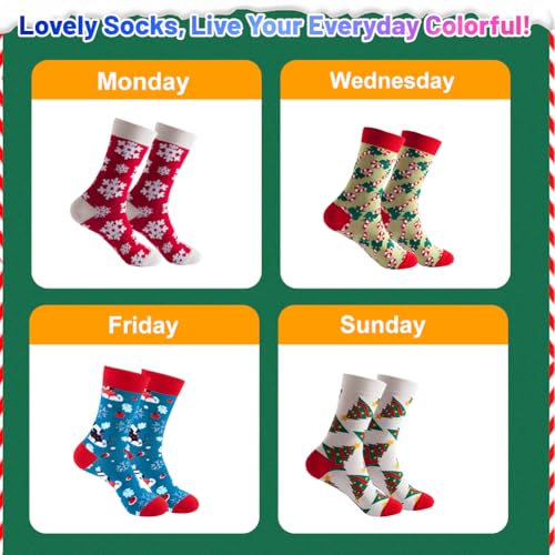Kerstsokken voor vrouwen, 4 paar werkdagen, kerstpatroon, comfortabele katoenen sokken, maat 39-42, Multicolor, 39-42 EU, Multicolour